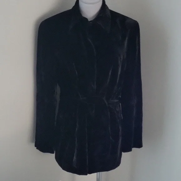 Vintage Y2K Jones New York Black Crushed Velvet Belted Jacket Sz 10 - Picture 4 of 11